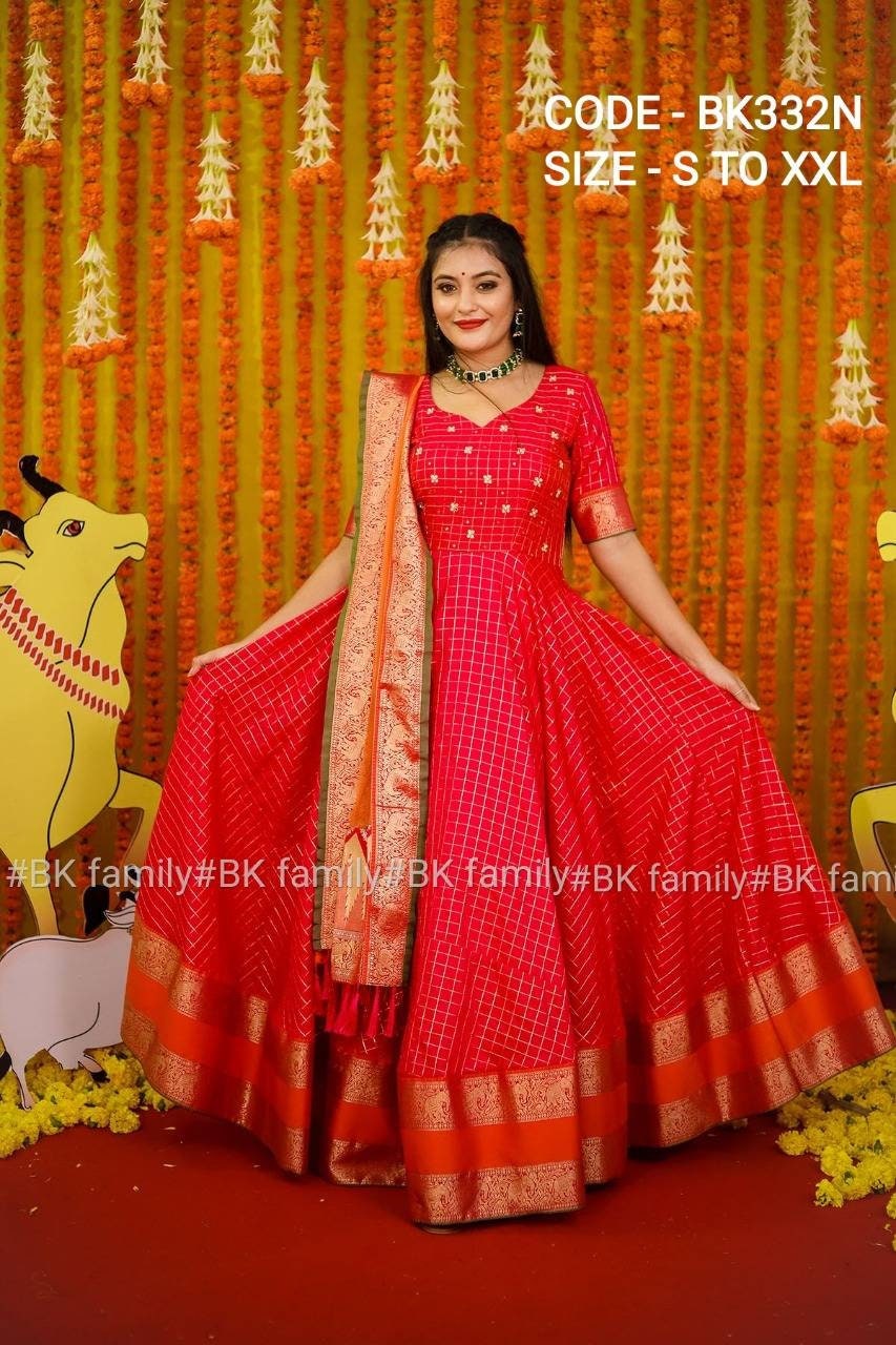 Rani PINK Colored Gown Pattu dress - red floral dress - lehenga dress - lehenga dress