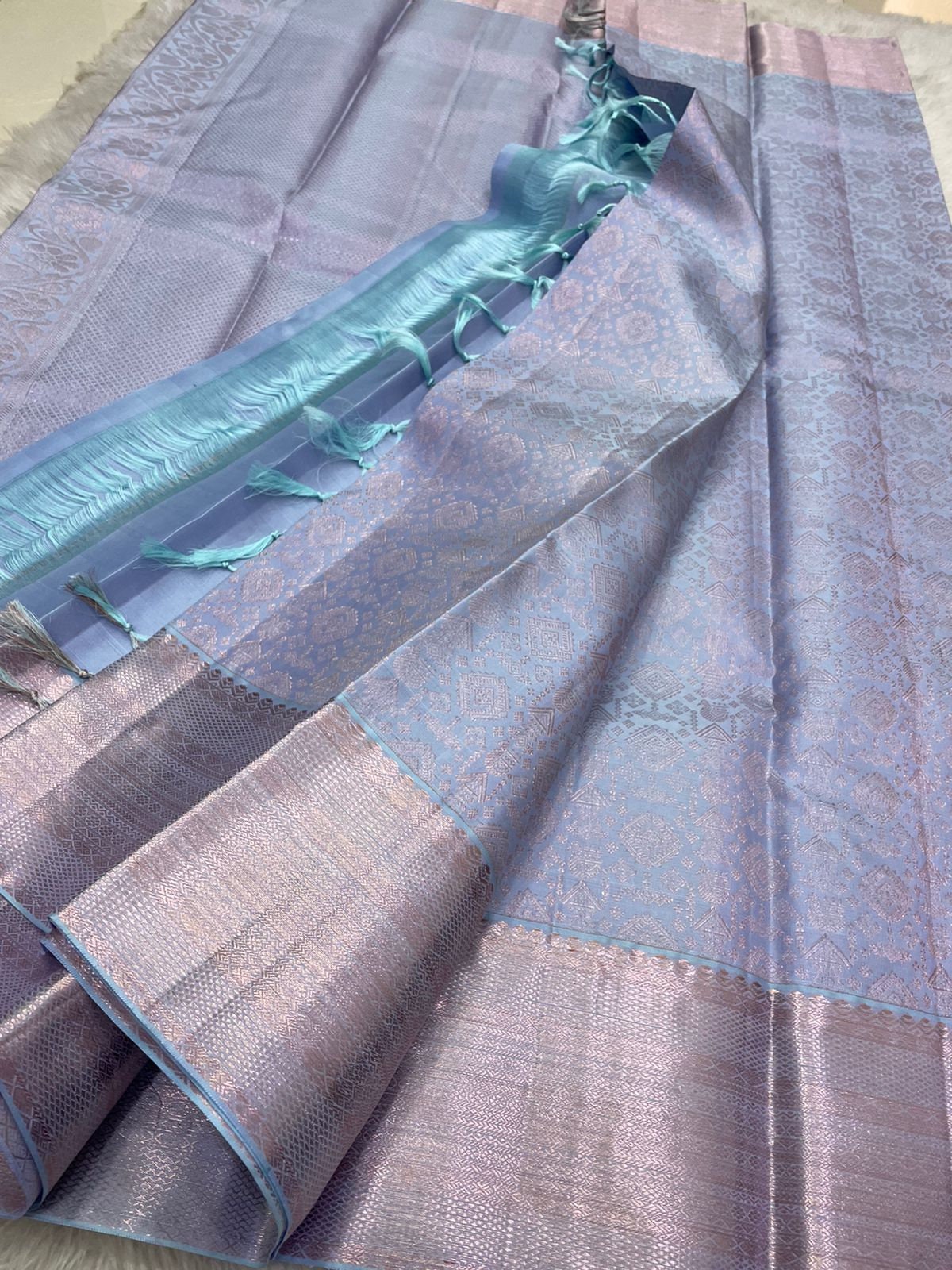 Pastal blue with silver waving Bridal pure kanchipuram silk saree - wedding silk - soft silk saree - silk mark certified