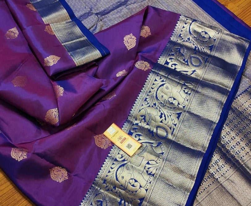 Purple and Silver light weight silk saree - wedding silk - soft silk saree - Kanchipuram silk saree - silk mark certified
