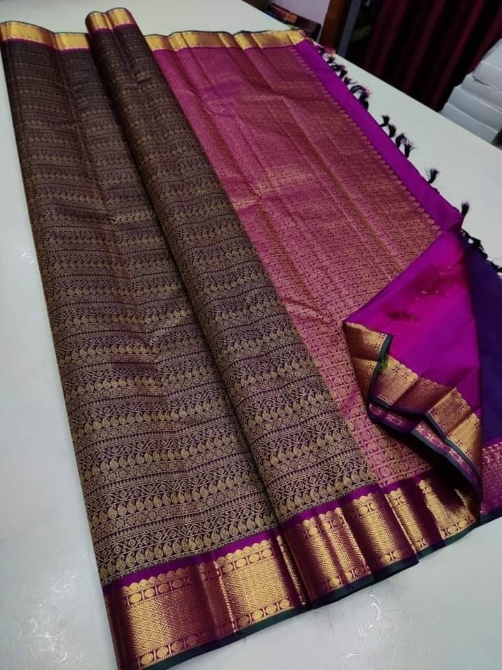 Purple Pure Kanchipuram Silk Saree with 2gram gold pure Antique zari Handloom kanchipuram - silk mark certified - bridal saree