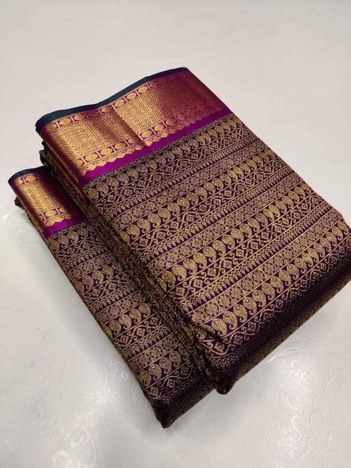 Purple Pure Kanchipuram Silk Saree with 2gram gold pure Antique zari Handloom kanchipuram - silk mark certified - bridal saree