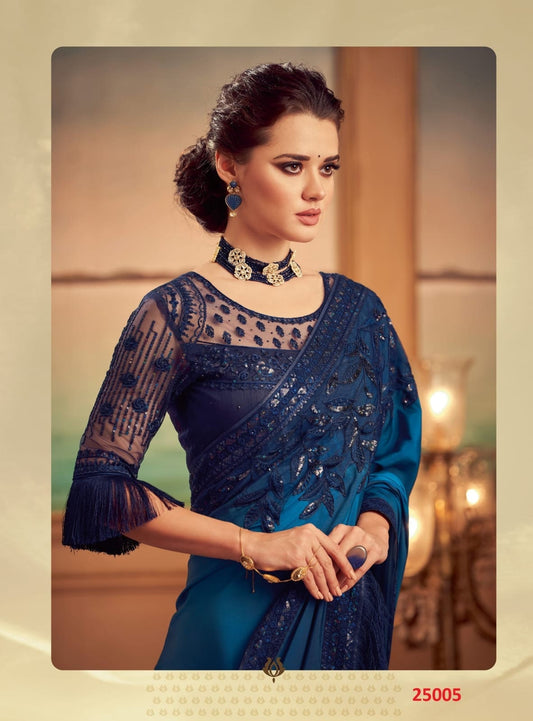 Blue desginer saree - Pure soft satin silk saree Designer saree, party wear, wedding wear saree, luxury designer saree