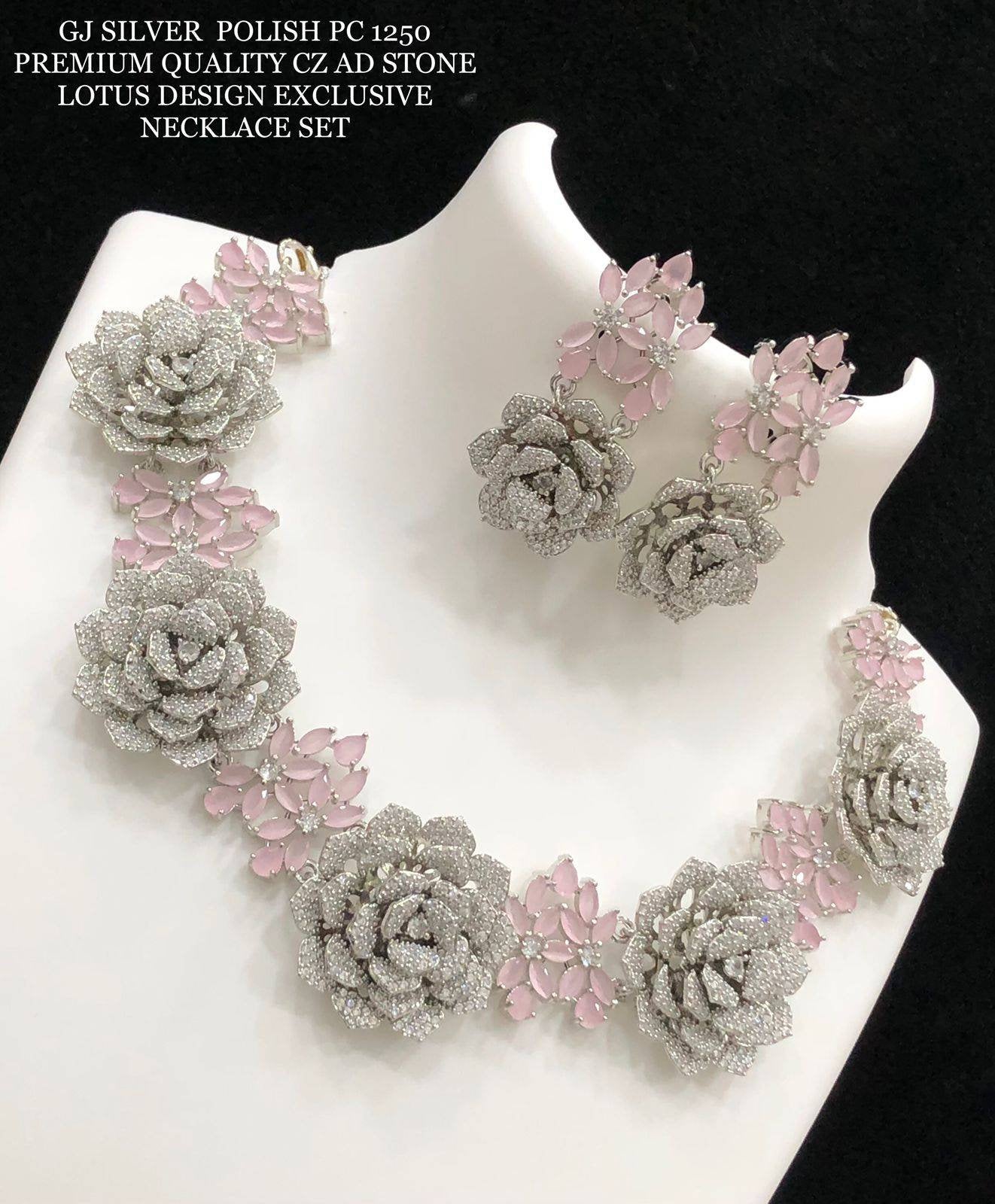 Rose gold polish Premium quality cz AD stone Lotus design Exclusive necklace set, Designer Indian temple jewellery