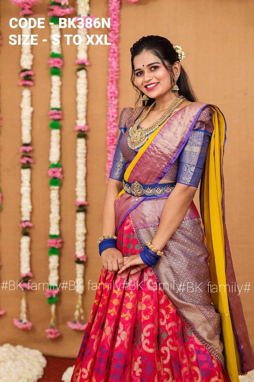 Rani Pink and yellow Pattu lehenga indian traditional halfsaree