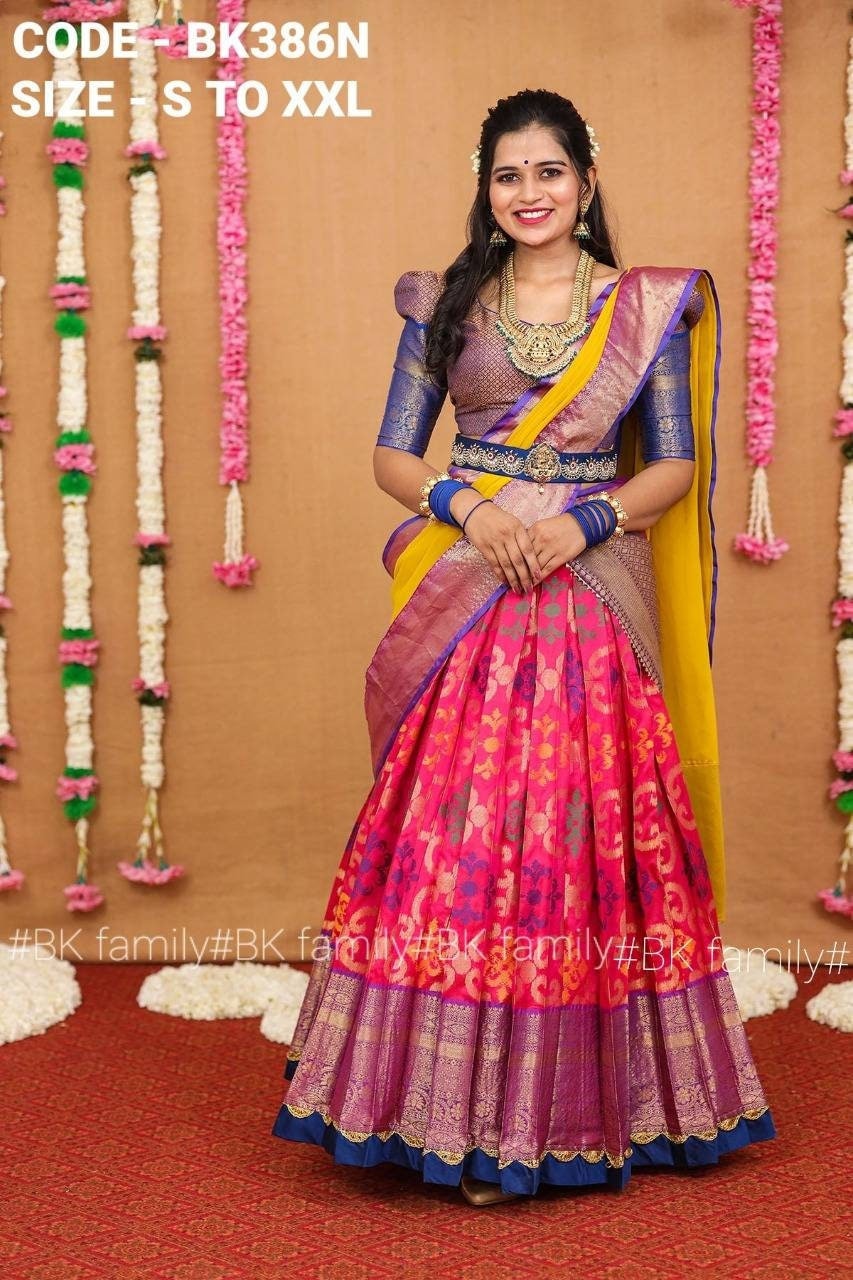 Rani Pink and yellow Pattu lehenga indian traditional halfsaree