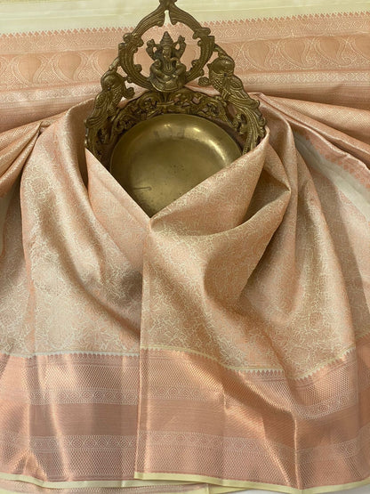 Pastel colour with zari waving Bridal pure kanchipuram silk saree - wedding silk - soft silk saree - silk mark certified