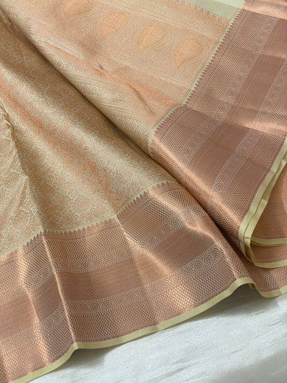 Pastel colour with zari waving Bridal pure kanchipuram silk saree - wedding silk - soft silk saree - silk mark certified