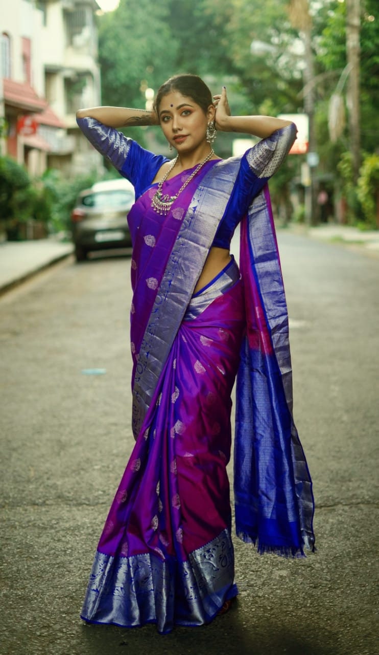 Purple and Silver light weight silk saree - wedding silk - soft silk saree - Kanchipuram silk saree - silk mark certified