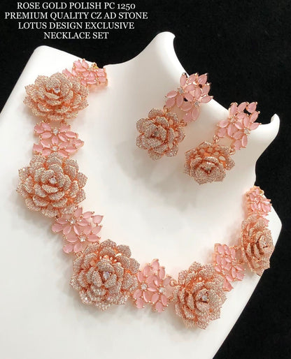 Rose gold polish Premium quality cz AD stone Lotus design Exclusive necklace set, Designer Indian temple jewellery