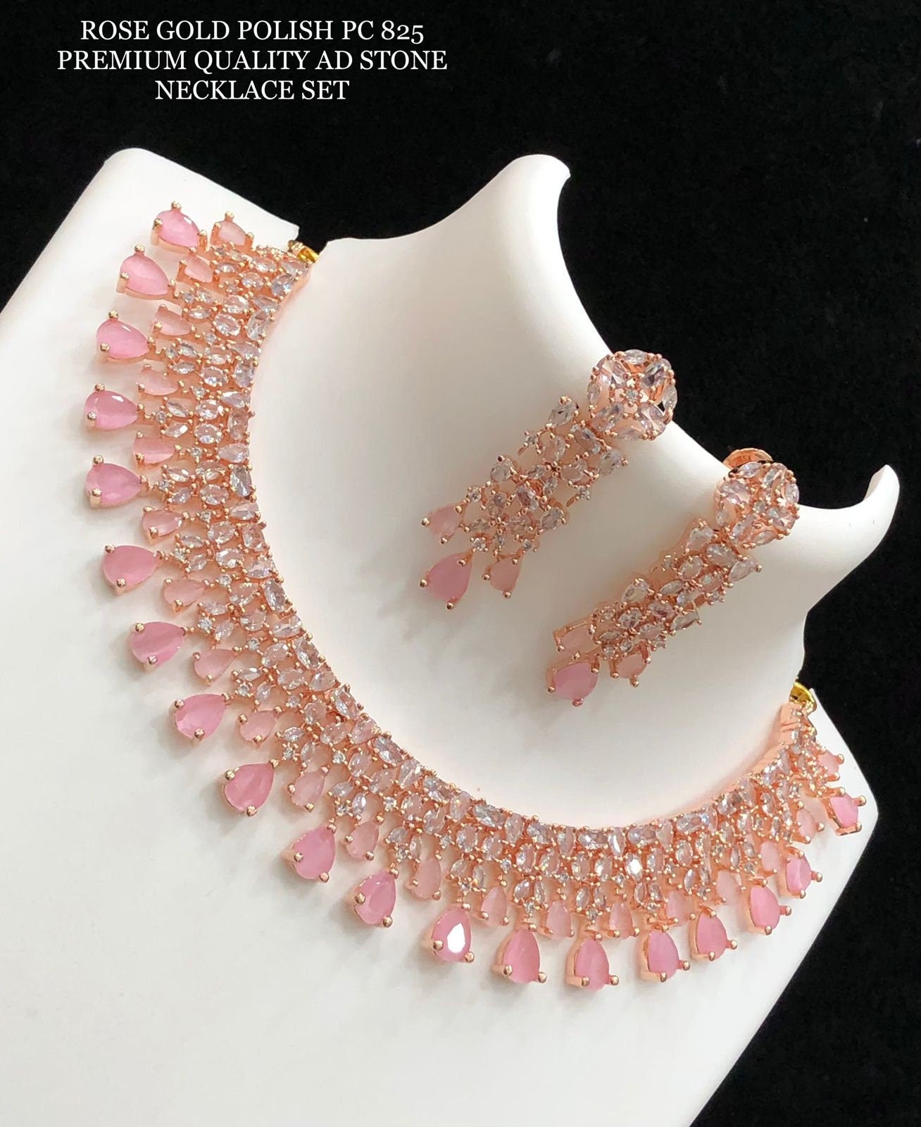 Rose gold polish premium quality AD stone necklace jewellery set, indian wedding jewellery, indian gold jewellery, jewellery for wedding